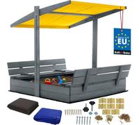 KOTARBAU® Bac à sable avec couvercle 120 x 120 cm Grand bac à sable en bois gris avec toit jaune Bac à sable avec couvercle Bac à sable avec toit Jouets de jardin enfants imprégnés Fermable avec bancs