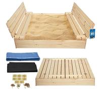 KOTARBAU® Bac à sable avec couvercle - 140 x 140 cm - Couleur naturelle - Grand bac à sable en bois avec banc et couvercle - Jouet de jardin pour enfants imprégné et refermable avec bancs