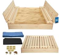 KOTARBAU® Bac à sable avec couvercle 140 x 140 cm Couleur naturelle Grand bac à sable en bois Bac à sable avec banc et couvercle Jouets de jardin Enfants imprégnés Fermable avec bancs