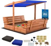 KOTARBAU® Bac à sable avec couvercle 140 x 140 cm Grand bac à sable en bois brun avec toit bleu Bac à sable avec couvercle Bac à sable avec toit Jouets de jardin enfants imprégnés Fermable avec bancs