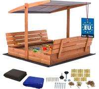 KOTARBAU® Bac à sable avec couvercle 140 x 140 cm Grand bac à sable en bois brun avec toit gris Bac à sable avec couvercle Bac à sable avec toit Jouets de jardin enfants imprégnés Fermable avec bancs