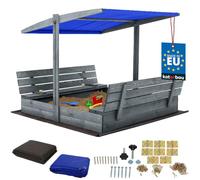 KOTARBAU® Bac à sable avec couvercle - 140 x 140 cm - Grand bac à sable en bois gris avec toit bleu - Bac à sable avec toit - Jouet de jardin pour enfants imprégné - Verrouillable avec bancs