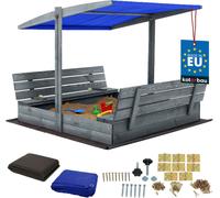 KOTARBAU® Bac à sable avec couvercle 140 x 140 cm Grand bac à sable en bois gris avec toit bleu Bac à sable avec couvercle Bac à sable avec toit Jouets de jardin enfants imprégnés Fermable avec bancs