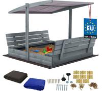 KOTARBAU® Bac à sable avec couvercle 140 x 140 cm Grand bac à sable en bois gris avec toit gris Bac à sable avec couvercle Bac à sable avec toit Jouets de jardin enfants imprégnés Fermable avec bancs