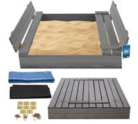 KOTARBAU® Bac à Sable Enfant Extérieur - Bois - 100 x 100 cm - Gris - avec Couvercle et Bancs - Bac à Sable Refermable - Imprégné - avec Tissu Anti-Mauvaises Herbes