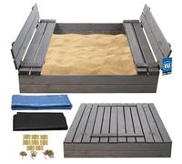 KOTARBAU® Bac à Sable Enfant Extérieur - Bois - 120 x 120 cm - Gris - avec Couvercle et Bancs - Bac à Sable Refermable - Imprégné - avec Tissu Anti-Mauvaises Herbes