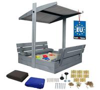 KOTARBAU® Bac à Sable Enfant Extérieur - Bois de Pin - 100 x 100 cm - Gris - Bac à Sable avec Couvercle - et Bancs Pliables - Protection Solaire - avec Toit Gris