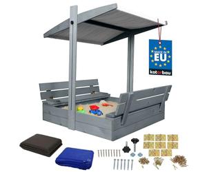 KOTARBAU® Bac à Sable Enfant Extérieur - Bois de Pin - 100 x 100 cm - Gris - Bac à Sable avec Couvercle - et Bancs Pliables - Protection Solaire - avec Toit Gris