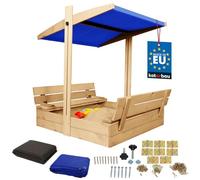 KOTARBAU® Bac à Sable Enfant Extérieur - Bois de Pin - 100 x 100 cm - Naturel - Bac à Sable avec Couvercle - et Bancs Pliables - Protection Solaire - avec Toit Bleu