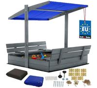 KOTARBAU® Bac à Sable Enfant Extérieur - Bois de Pin - 120 x 120 cm - Gris - Bac à Sable avec Couvercle - et Bancs Pliables - Protection Solaire - avec Toit Bleu