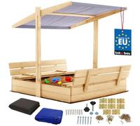KOTARBAU® Bac à Sable Enfant Extérieur - Bois de Pin - 120 x 120 cm - Naturel - Bac à Sable avec Couvercle - et Bancs Pliables - Protection Solaire - avec Toit Gris