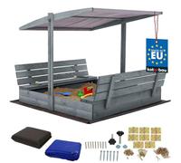 KOTARBAU® Bac à Sable Enfant Extérieur - Bois de Pin - 140 x 140 cm - Gris - Bac à Sable avec Couvercle - et Bancs Pliables - Protection Solaire - avec Toit Gris