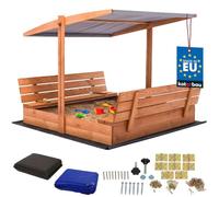 KOTARBAU® Bac à Sable Enfant Extérieur - Bois de Pin - 140 x 140 cm - Marron - Bac à Sable avec Couvercle - et Bancs Pliables - Protection Solaire - avec Toit Gris