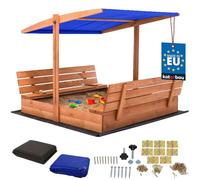 KOTARBAU® Bac à Sable Enfant Extérieur - Bois de Pin - 140 x 140 cm - Marron - Bac à Sable avec Couvercle - et Bancs Pliables - Protection Solaire - avec Toit Bleu