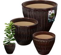 KOTARBAU® Céramique Pot de fleurs Set de 3 Hauteur 21/26/30 cm Cache-pot Marron Céramique émaillée & ingélif Pot Succulentes Céramique Cache-pot Orchidées Cactus Pot Flower Pots Set