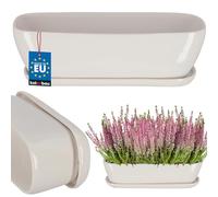 KOTARBAU Jardinière en céramique - 40 x 13 x 13 cm - Blanc - Avec soucoupe - Jardinière pour balcon - Pot à herbes - Rebord de fenêtre