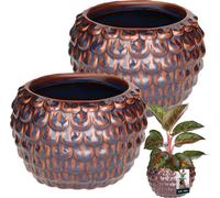 KOTARBAU® Lot de 2 pots de fleurs artistiques en céramique grand vintage motif écailles de poisson fait main ⌀ 17 cm hauteur 13 cm Cache-pot de fleurs Céramique Pot de fleurs bleu & marron Pot d'orchi