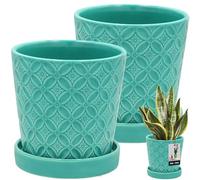 KOTARBAU® Lot de 2 pots de fleurs avec soucoupe - Couleur turquoise - Diamètre : 13 cm - Hauteur : 15 cm - Pot de fleurs en céramique émaillée - Grand pot de fleurs avec soucoupe - Pot de fleurs avec
