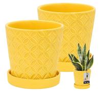 KOTARBAU® Lot de 2 pots de fleurs avec soucoupe, jaune moutarde, diamètre : 13 cm, hauteur : 15 cm, grand pot de fleurs, en céramique émaillée, avec soucoupe, cache-pot avec soucoupe