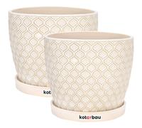 KOTARBAU® Lot de 2 pots de fleurs en céramique Cache-pot pour plantes ⌀ 15 cm crème vintage avec égouttoir motif écailles de poisson
