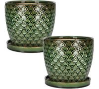 KOTARBAU® Lot de 2 pots de fleurs en céramique Cache-pot pour plantes ⌀ 20 cm Vert Vintage avec égouttoir motif écailles de poisson