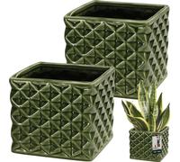 KOTARBAU® Lot de 2 pots de fleurs en céramique émaillée Carré vert 14 x 14 cm H 13 cm Cache-pots pour plantes d'intérieur Orchidées & succulentes Pot Plantes Pots Fleurs Cache-pot Pot de fleurs carré