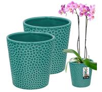 KOTARBAU Lot de 2 pots de fleurs en céramique émaillée, turquoise, diamètre 12 cm, hauteur 15 cm, pot à orchidées, moderne, plantes d'intérieur