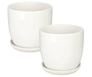 KOTARBAU® Lot de 2 pots de fleurs en céramique pour fleurs et plantes Ø 17 cm avec bac d'égouttement Blanc