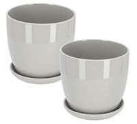 KOTARBAU® Lot de 2 pots de fleurs, en céramique, pour fleurs, plantes, diamètre : 13 cm, avec bac d'égouttement, gris
