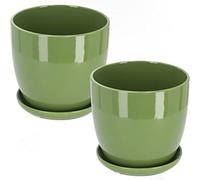 KOTARBAU® Lot de 2 pots de fleurs, en céramique, pour fleurs, plantes, diamètre : 13 cm, avec bac d'égouttement, vert