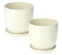 KOTARBAU® Lot de 2 pots de fleurs, en céramique, pour fleurs, plantes, diamètre : 15 cm, avec bac d'égouttement, beige