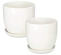 KOTARBAU® Lot de 2 pots de fleurs, en céramique, pour fleurs, plantes, diamètre : 17 cm, avec bac d'égouttement, blanc