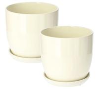 KOTARBAU® Lot de 2 pots de fleurs, en céramique, pour fleurs, plantes, diamètre : 20 cm, avec bac d'égouttement, beige