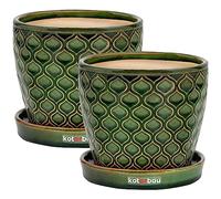 KOTARBAU® Lot de 2 Pots de Fleurs en céramique pour Plantes - Diamètre : 12 cm - Vert - Vintage - avec bac d'égouttement - Motif écailles de Poisson