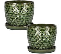 KOTARBAU® Lot de 2 pots de fleurs en céramique Cache-pot pour plantes ⌀ 17 cm Vert Vintage avec égouttoir motif écailles de poisson