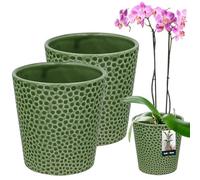 KOTARBAU Lot de 2 pots de fleurs verts en céramique émaillée, diamètre: 9,5 cm, hauteur: 11 cm, pot à orchidées moderne pour plantes d'intérieur