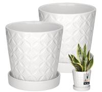 KOTARBAU® Lot de 2 pots ronds blancs diamètre 13 cm avec soucoupe en céramique émaillée pour fleurs et herbes Protection pour plantes