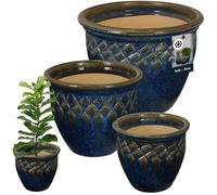 KOTARBAU Lot de 3 pots de fleurs en céramique émaillée - H : 21/26/30 cm - Bleu foncé/Vert - Gel résistante - Orchidées