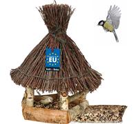 KOTARBAU® Mangeoire pour oiseaux en bois recouverte de chaume Bouleau à suspendre + 0,5 kg de nourriture e