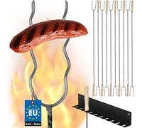 KOTARBAU® Piques à barbecue Fourchette à barbecue Fil d'acier Piques à feu de camp 100cm Set de 10 pièces + accroche Poignée en bois Accessoires pour barbecue Fourchette à saucisse Piques à barbecue O