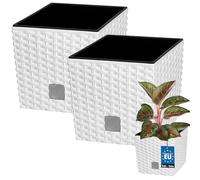 KOTARBAU® Pot de Fleur Exterieur 20 x 20 cm, avec Insert Intérieur | Lot de 2, Pot Plastique Plante 6,8 L, Pot de Fleur Carré, Aspect Rotin, Blanc