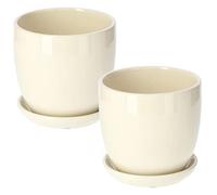 KOTARBAU - Pot de fleurs en céramique avec sous-plat anti-goutte pour plantes, diamètre de 13 cm, couleur beige, lot de 2
