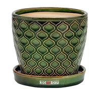 KOTARBAU® Pot de fleurs en céramique - Diamètre : 12 cm - Vert - Vintage - Avec bac d'égouttement - Motif écailles de poisson