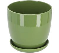 KOTARBAU® Pot de fleurs, en céramique, pour fleurs, plantes, diamètre : 13 cm, avec bac d'égouttement, vert