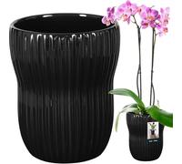 KOTARBAU® Pot de fleurs noir intérieur rond ⌀ 11,5 cm H : 16,5 cm cannelé céramique émaillée Pots de fleurs intérieur Cache-pot céramique Pot de plantes intérieur Cache-pots orchidées Céramique Pot de