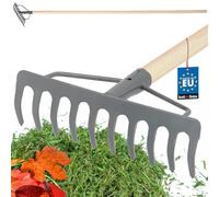 KOTARBAU® Râteau en métal avec 10 dents avec manche en bois - Râteau de jardin avec tête renforcée - Râteau en acier pour feuilles et herbe - Râteau à pierre - Râteau de jardin