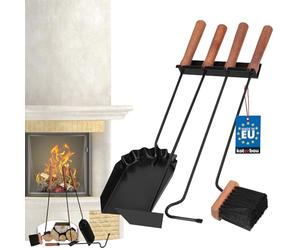 KOTARBAU® Serviteur de cheminée noir moderne - Accessoires de cheminée - Brosse - Pelle - Grattoir à cendres - Tisonnier - Kit de nettoyage en acier et bois - Accessoire de cheminée