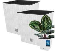 KOTARBAU® Set de 2 pots de fleurs 15,8 L Hauteur : 27 cm Blanc Pot de plantes en plastique Cache-pot avec pot intérieur Set de pots de fleurs comme le rotin Pot de plantes intérieur extérieur