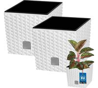 KOTARBAU® Set de 2 pots de fleurs 6,8 L Hauteur : 20 cm Blanc Pot de plantes en plastique Cache-pot avec pot intérieur Set de pots de fleurs comme le rotin Pot de plantes intérieur extérieur