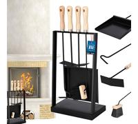 KOTARBAU® Set de cheminée 4 pièces Accessoires de cheminée avec poignées en bois Set de poêle en acier Balai Pelle à poussière tisonnier Gratte-cendres Support